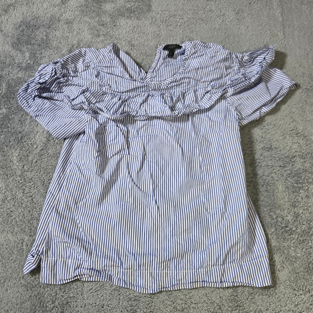 J.Crew Womens 2 Ruffle Blouse Blue White Striped Cotton Short Sleeve Top